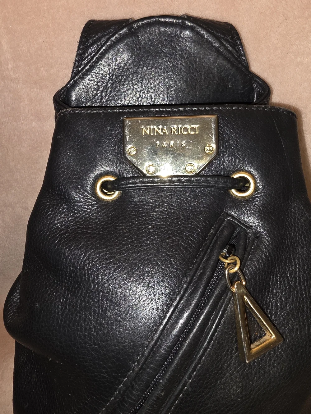 Nina Ricci Black Leather Backpack with Gold Hardware